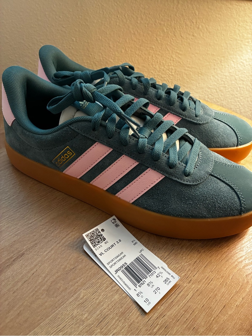adidas Women Teal Suede Sneakers with Pink Stripes - Picture 2 of 5